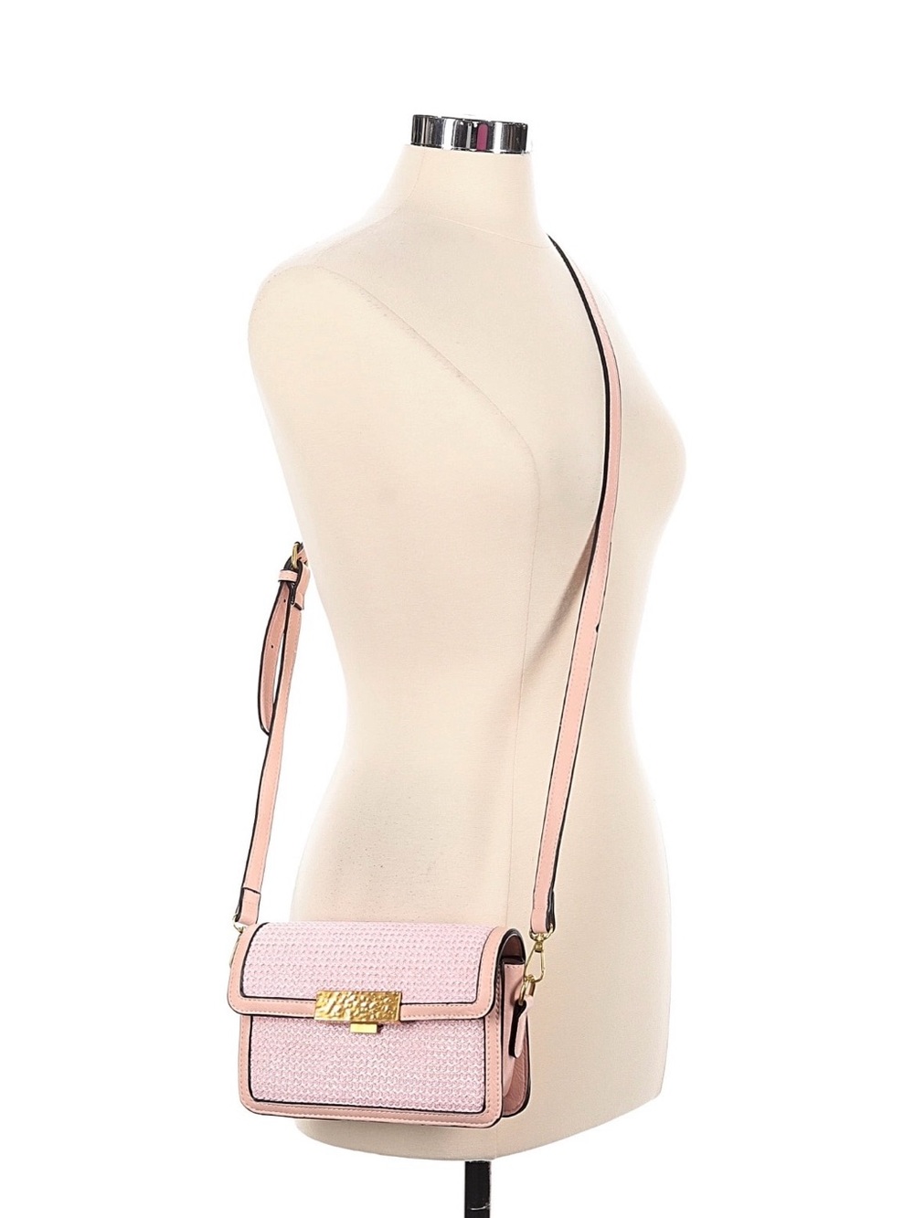 Elegant Pink Woven Crossbody Bag with Gold Hardware